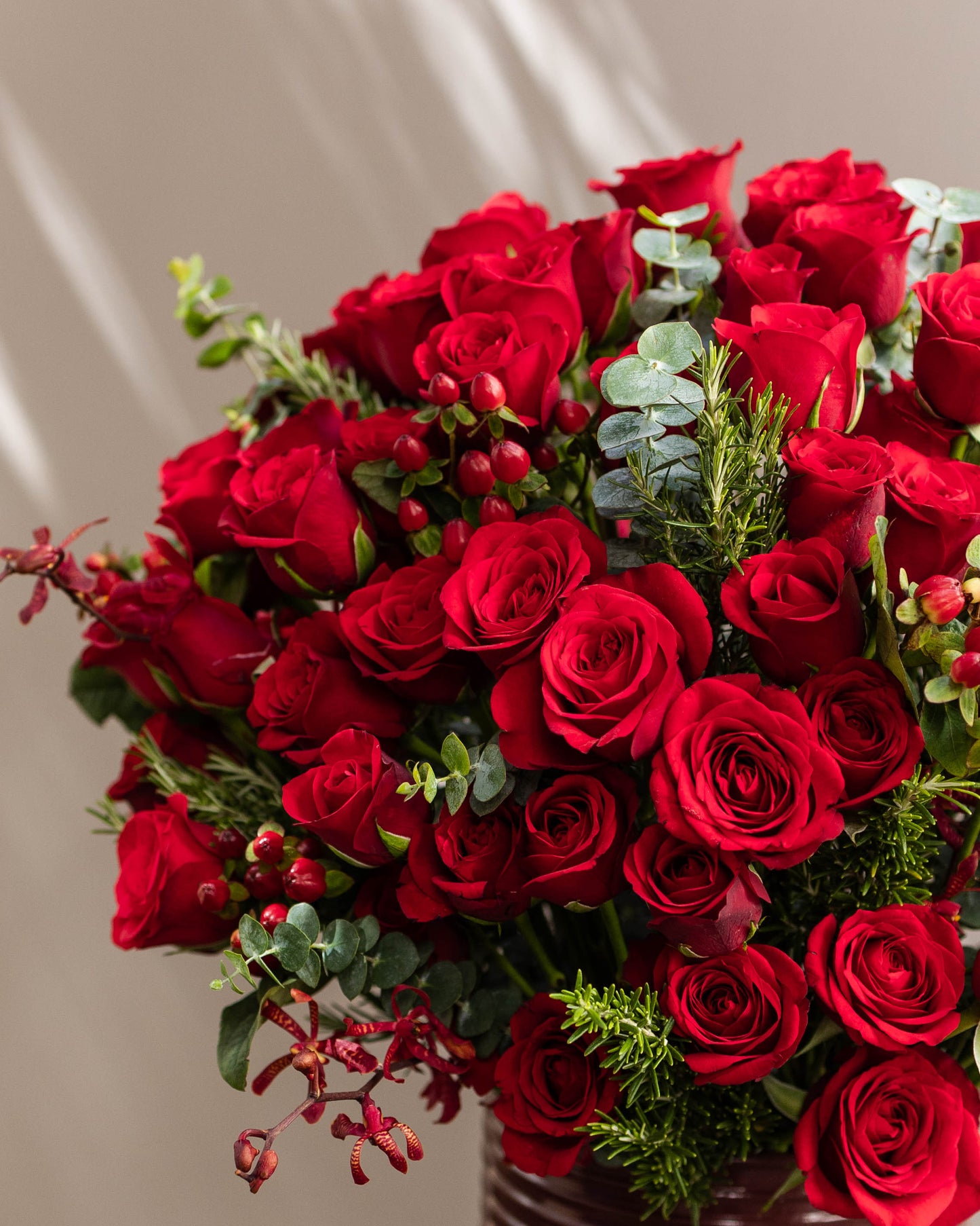 Dreaming of You – A stunning bouquet delivery of premium red roses arranged tightly in a vibrant custom tin with lush green fillers. Perfect for same-day florist delivery, online flower delivery in Bangalore, and special occasions like anniversaries and birthdays. Order this beautiful bouquet of flowers for home delivery, luxury flower arrangements, or as a high-end flower gift. Available for same-day bouquet delivery near you