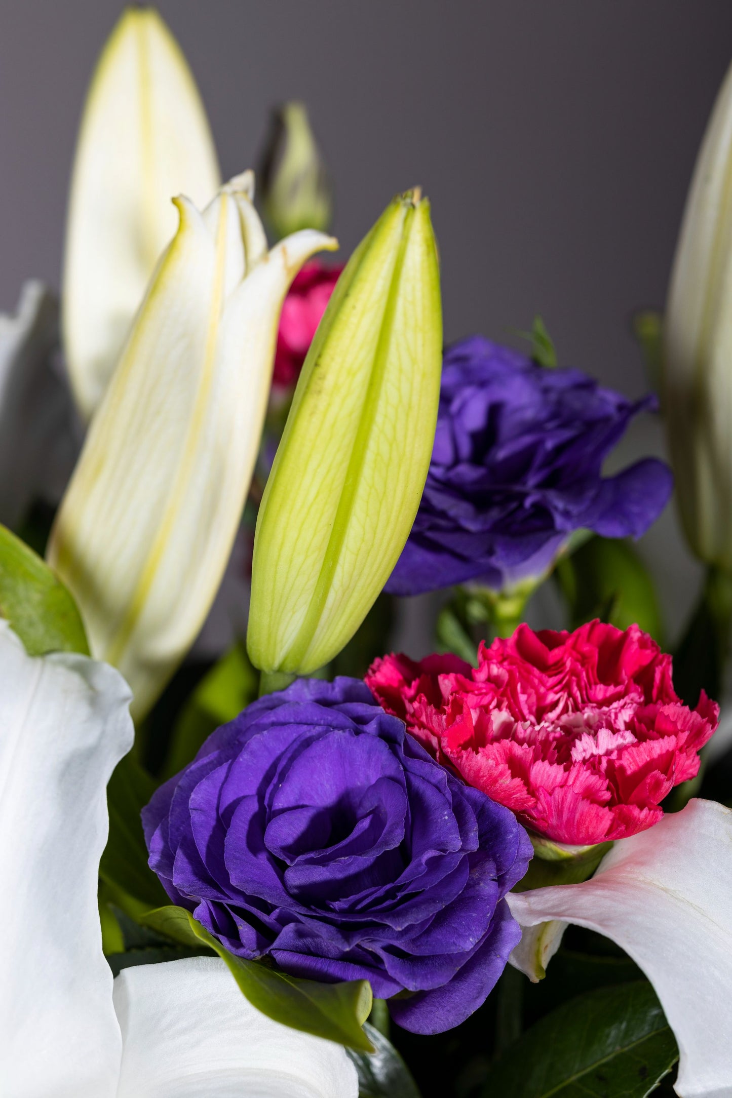Casa Blanca - Elegant centerpiece with pure White Lilies and colorful Spray Carnations in a lush foliage bed | Flower delivery in Bengaluru | Buy flower bouquets online Bengaluru | Same-day flower delivery Bengaluru | Online florist Bengaluru | Order flowers online Bengaluru | Luxury flower bouquet in Bengaluru
