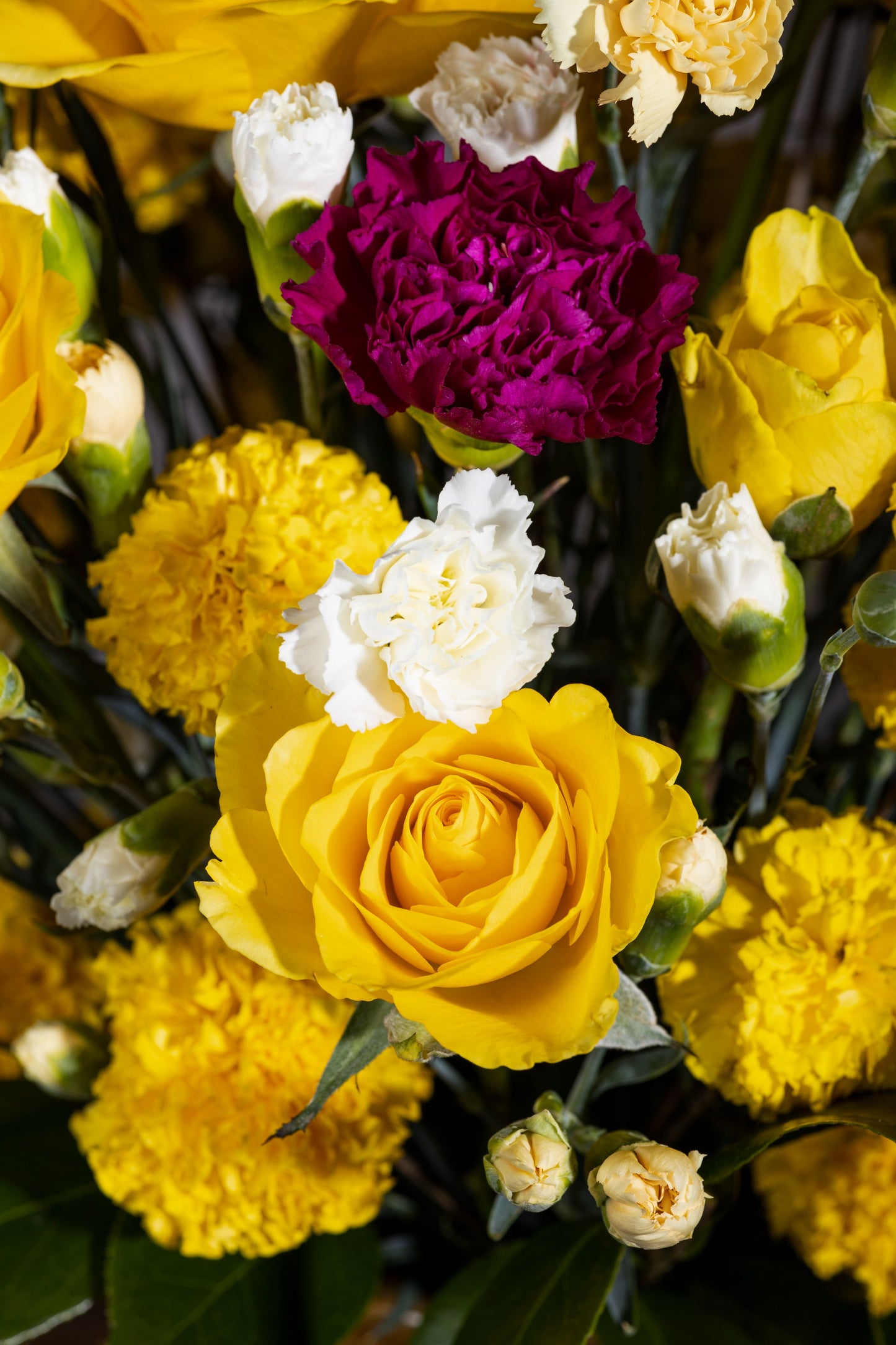 SOFT POWER | Beautiful yellow Roses, Purple Carnation stems, and White Spray Carnation stems in a pickle jar – Flower delivery in Bengaluru, Buy flower bouquets online Bengaluru, Same-day flower delivery Bengaluru, Online florist Bengaluru, Order flowers online Bengaluru, Luxury flower bouquet in Bengaluru