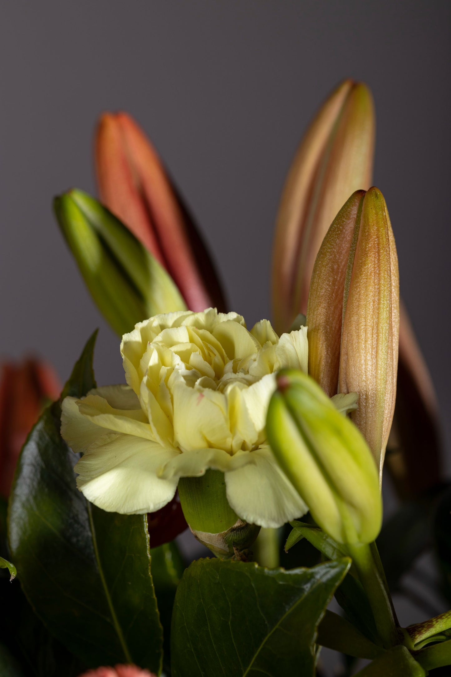 Twilight – A stunning custom keepsake hat box featuring a delightful mix of orange lilies, red carnations, and green chrysanthemum blossoms. A perfect floral gift for birthdays, anniversaries, thank you gestures, congratulations, and new baby celebrations
