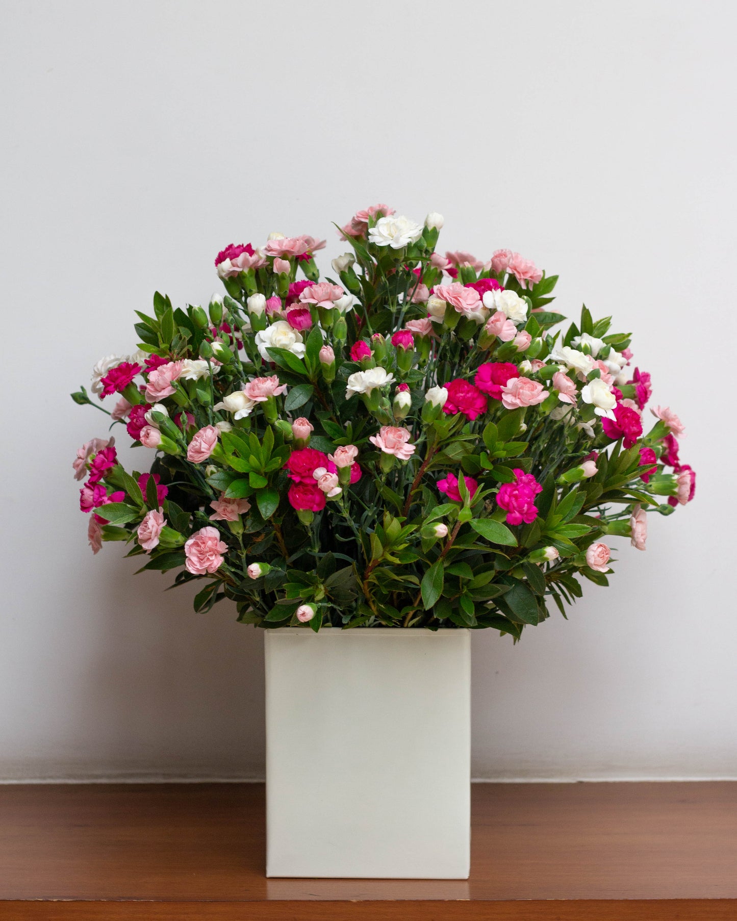 ALL OF ME – A luxurious and cozy arrangement of pink and white spray carnations with dark pink spray carnations, beautifully complemented by lush green fillers. Perfect for Valentine’s Day, birthdays, anniversaries, congratulations, new baby celebrations, and thank you gifts. Flower delivery in Bengaluru | Buy flower bouquets online Bengaluru | Same-day flower delivery Bengaluru | Online florist Bengaluru | Order flowers online Bengaluru | Luxury flower bouquet in Bengaluru