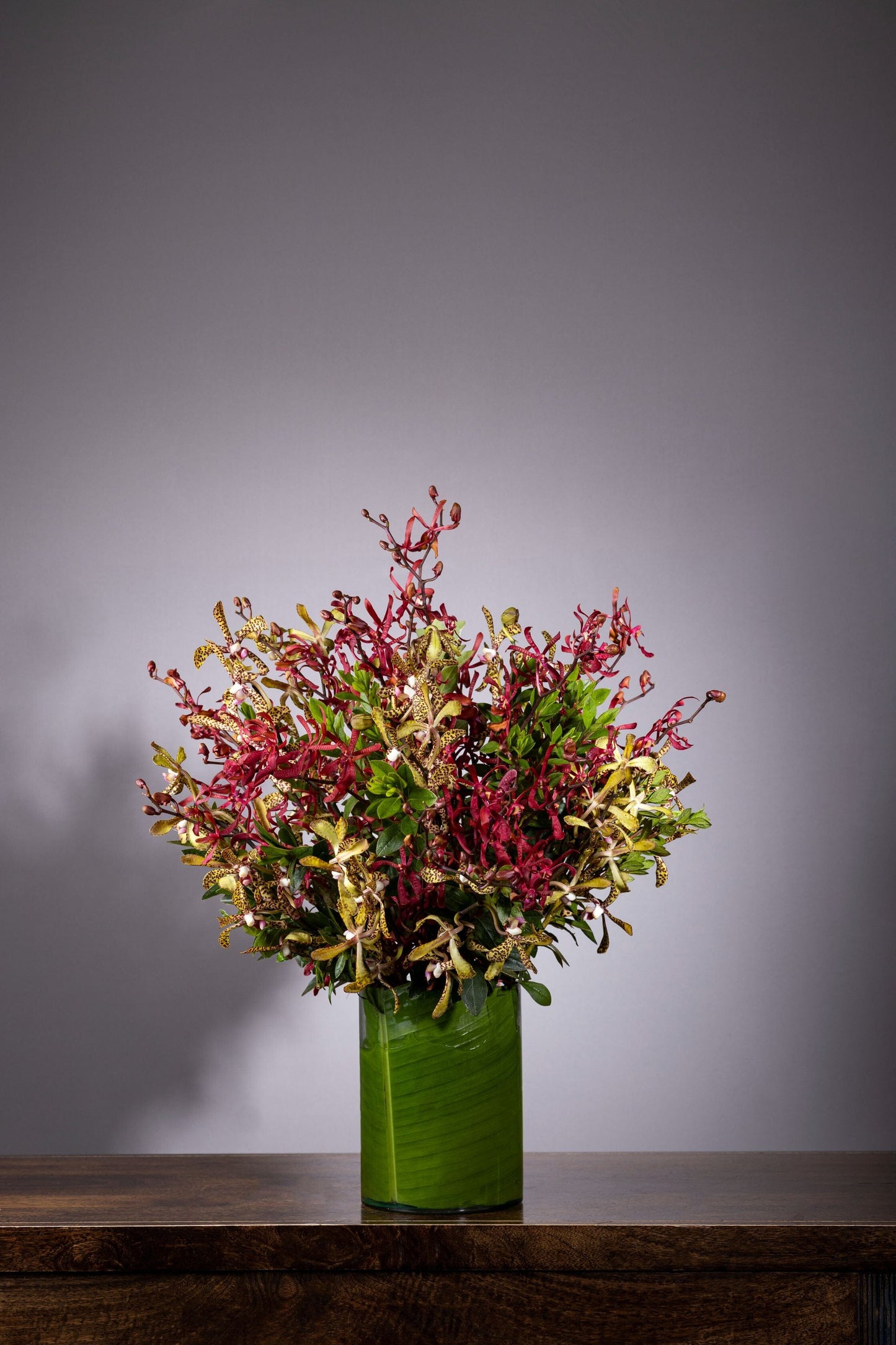 Festivity – Festivity best bouquet flowers in Bengaluru featuring a captivating blend of Spider Orchids and Tiger Orchids in a beautifully leaf-lined glass vase, perfect for Birthdays, Anniversaries, Thank You, Congratulations, and Get Well Soon gifts