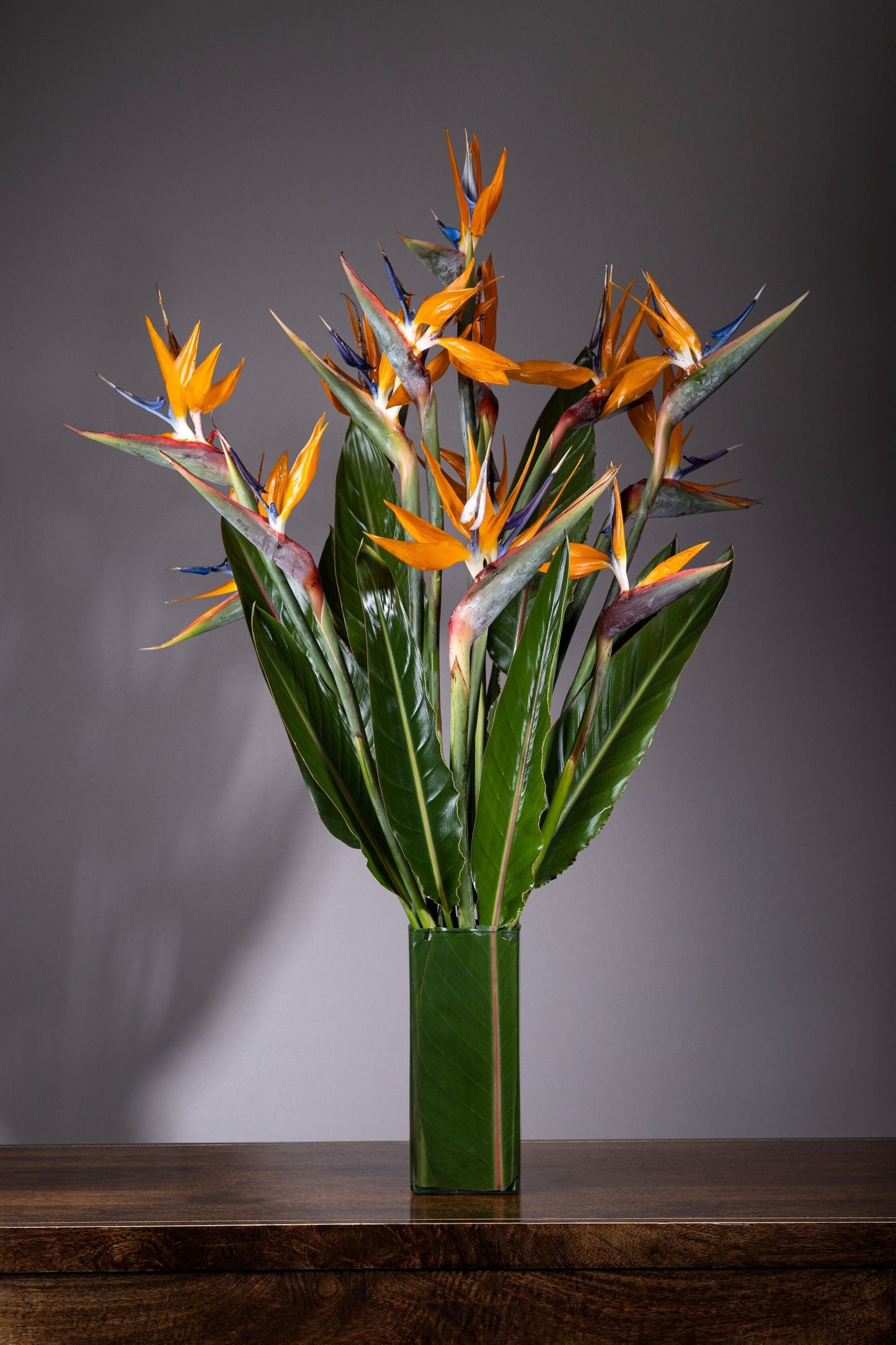 Orange Delight – A sleek glass vase featuring exotic Birds of Paradise flowers with fresh green leaves, creating a vibrant and elegant floral arrangement.
